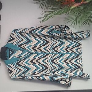 ZAC AND RACHEL Blouse Large Top 3/4 Sleeve Beige Blue Black PTP:22.5" Length 26"